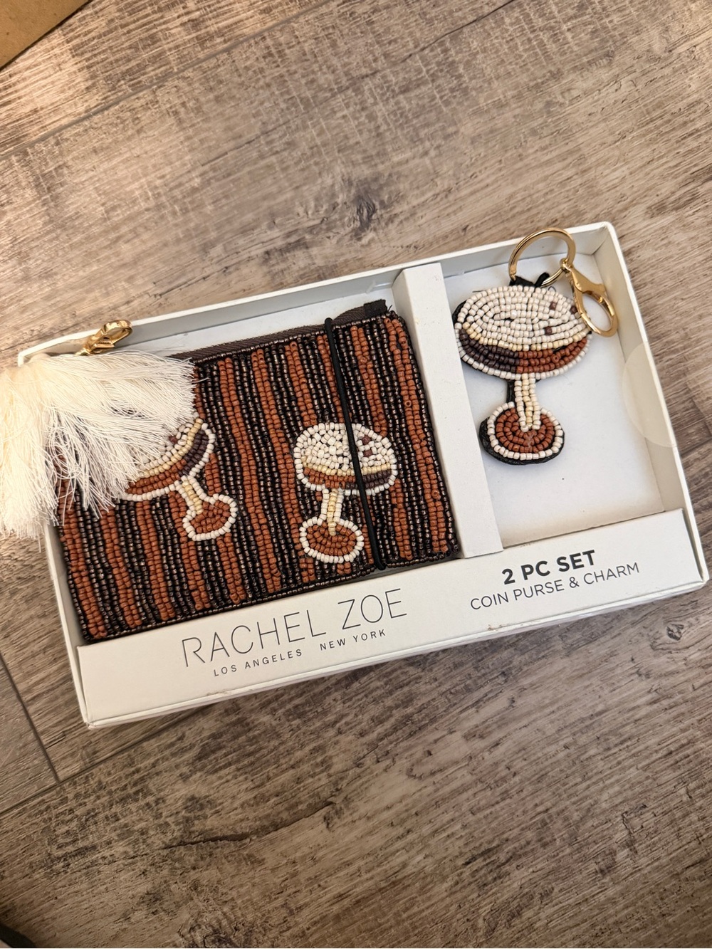 Rachel Zoe Brown White Black Beaded Coin Purse & Cocktail Charm Set